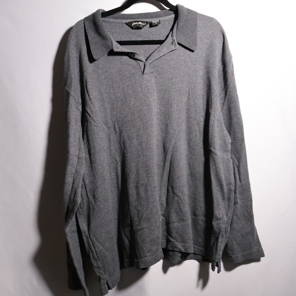 VTG Eddie Bauer Long Sleeve Polo Shirt Mens XL Gray Heathered Cotton Casual Dad